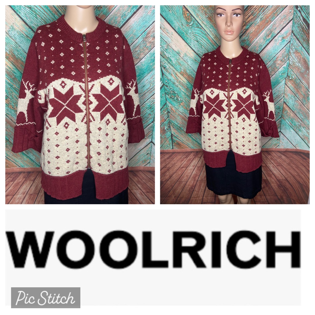 Vintage Woolrich Merino Wool & Cotton Blend Snowflake Reindeer Cardigan Sweater